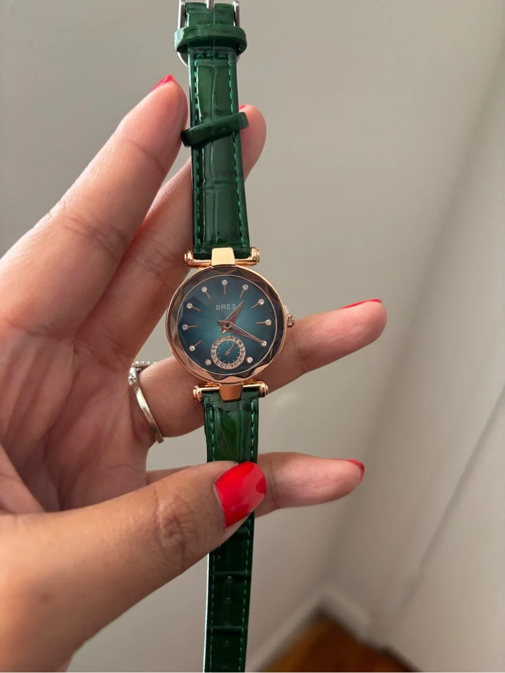 Green Patent Leather Strap Women's Watch with Rose Gold Case
